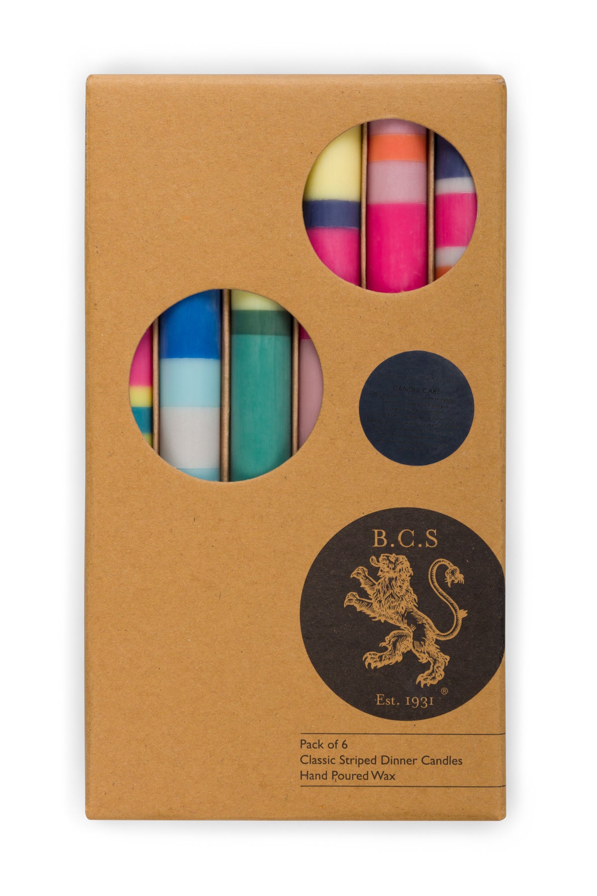British Colour Standard Mixed Wide 6 X Striped Set, Eco Dinner Candles, 6 Per Pack