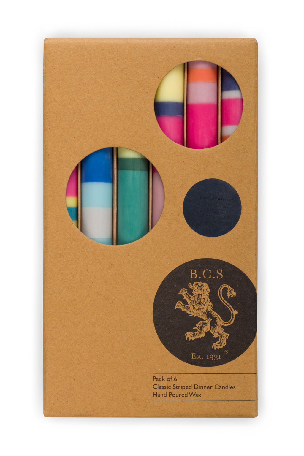 British Colour Standard Mixed Wide 6 X Striped Set, Eco Dinner Candles, 6 Per Pack