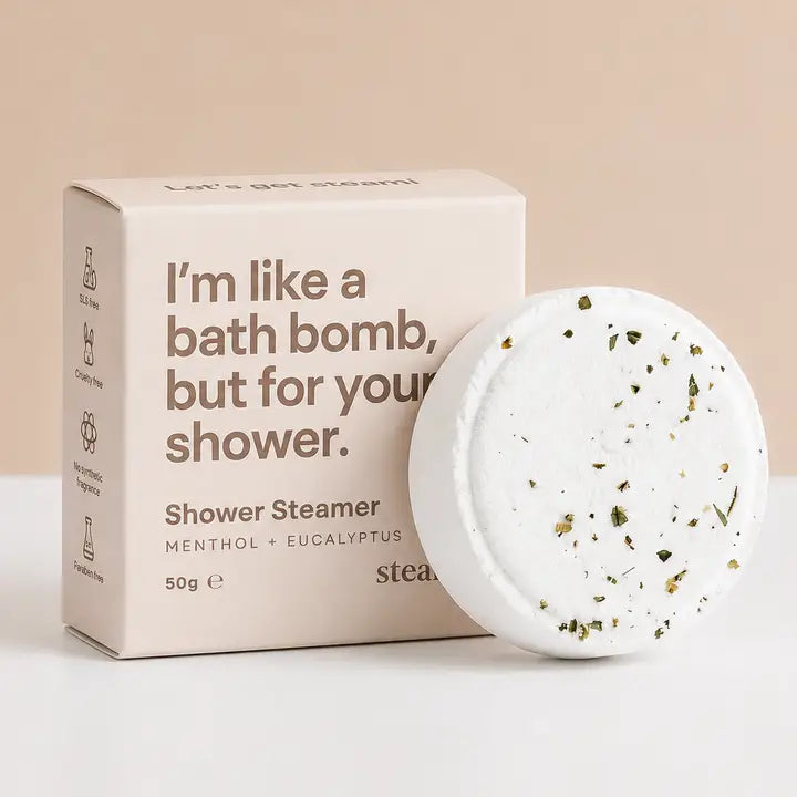 Steami Shower Steamer "I'm like a bath bomb but for the shower" slogan
