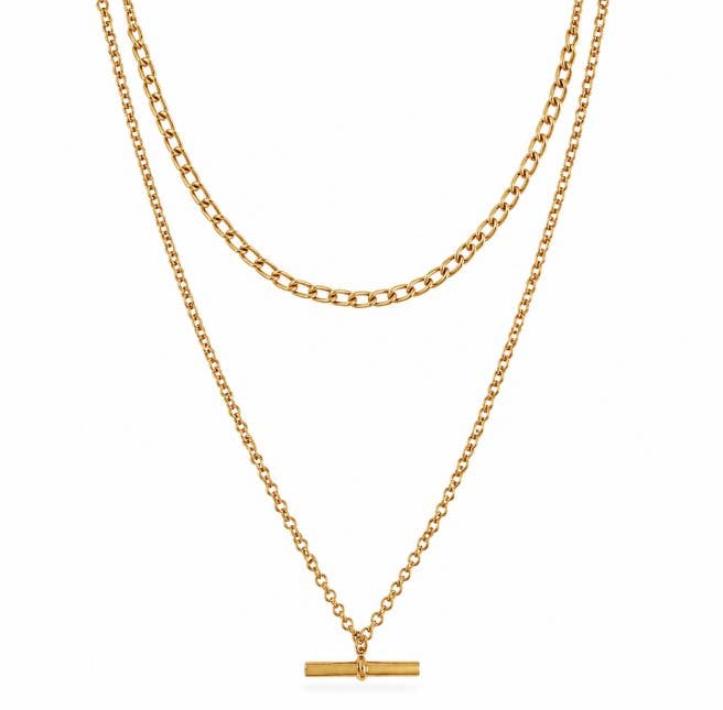 Twin Curb Chain T-Bar Necklace in Gold