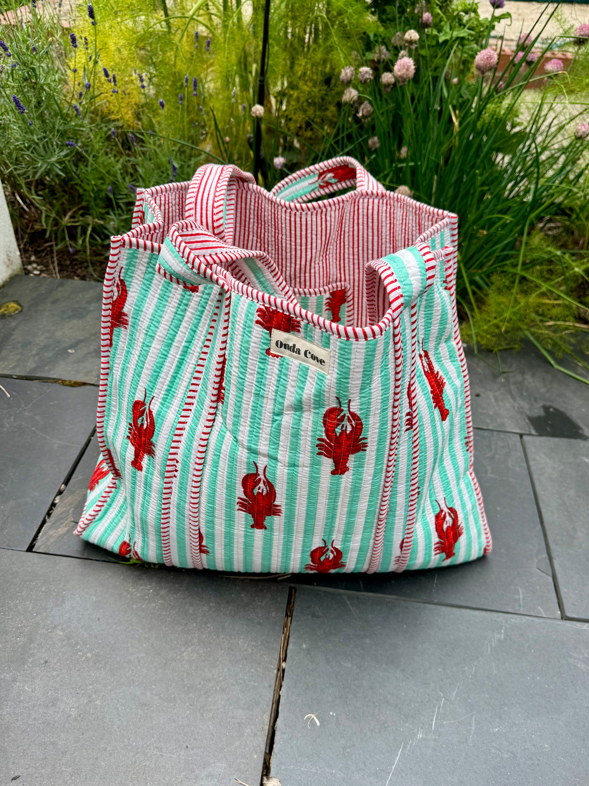 Block printed reversible quilted tote bags