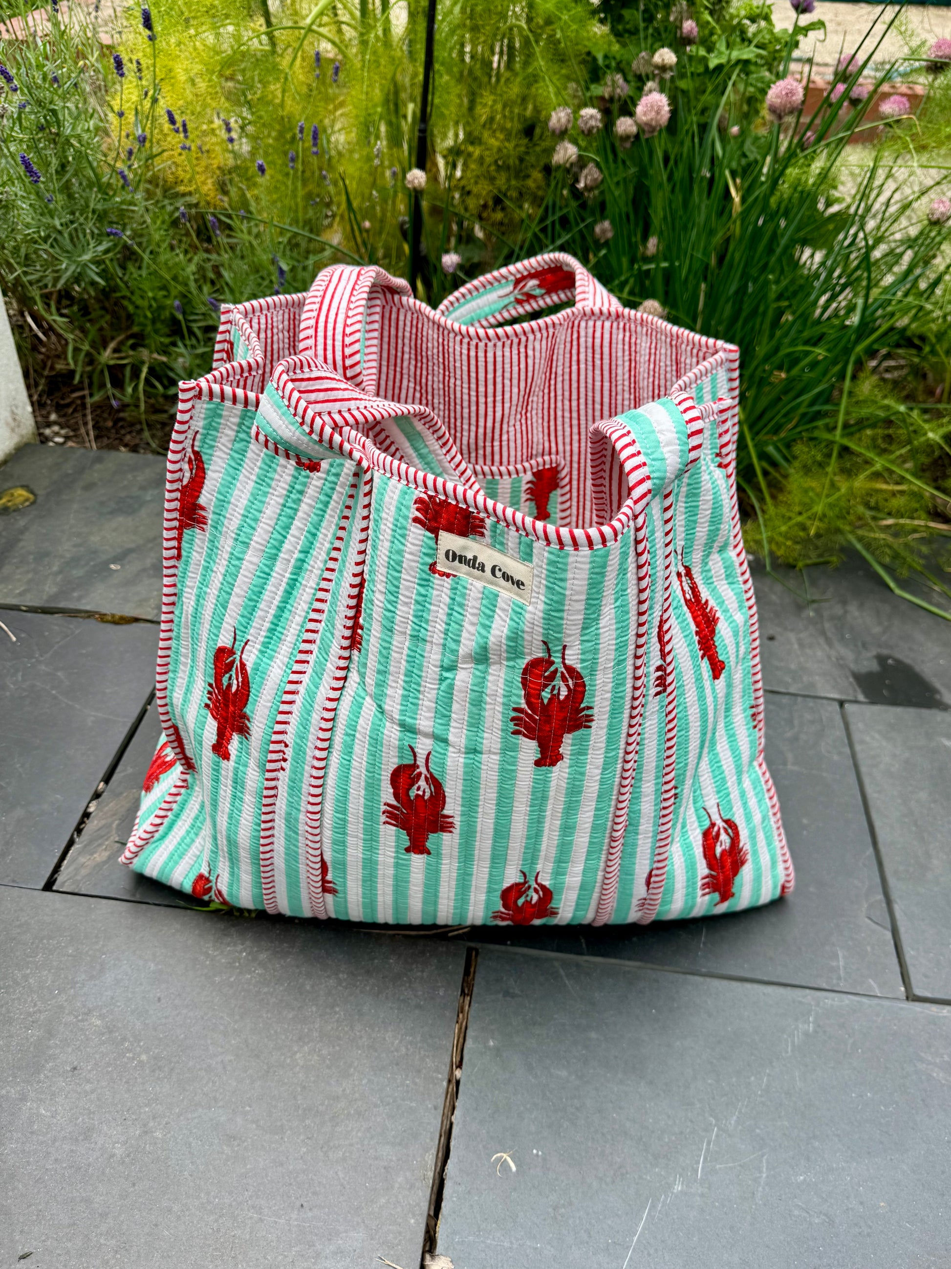 Block printed reversible quilted tote bags