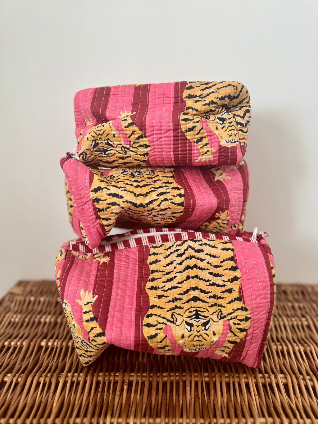 Cosmetic pouches - various sizes Bengal Tiger design red and pink stripe
