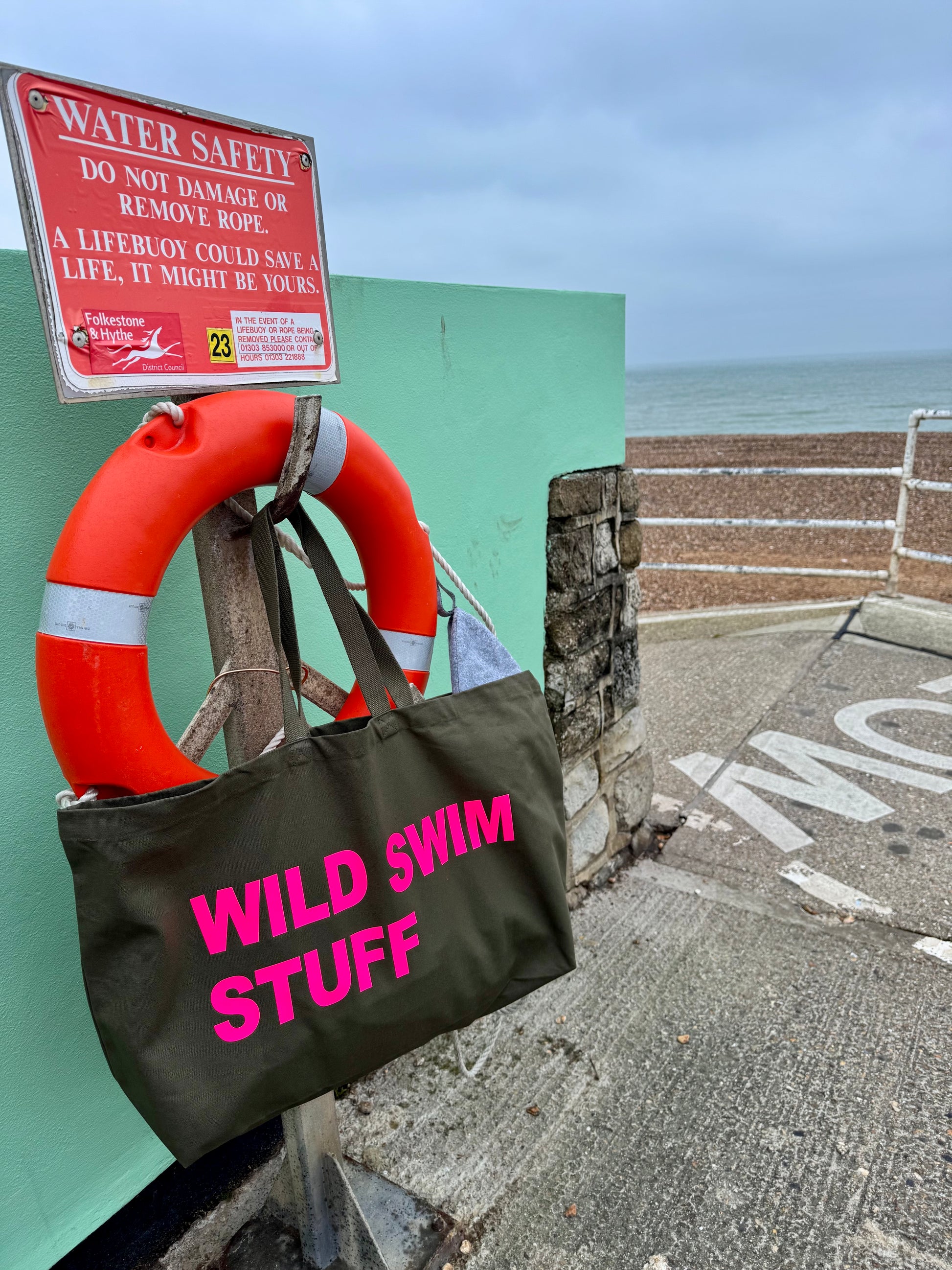 “Wild Swim Stuff” Green extra large canvas tote bag