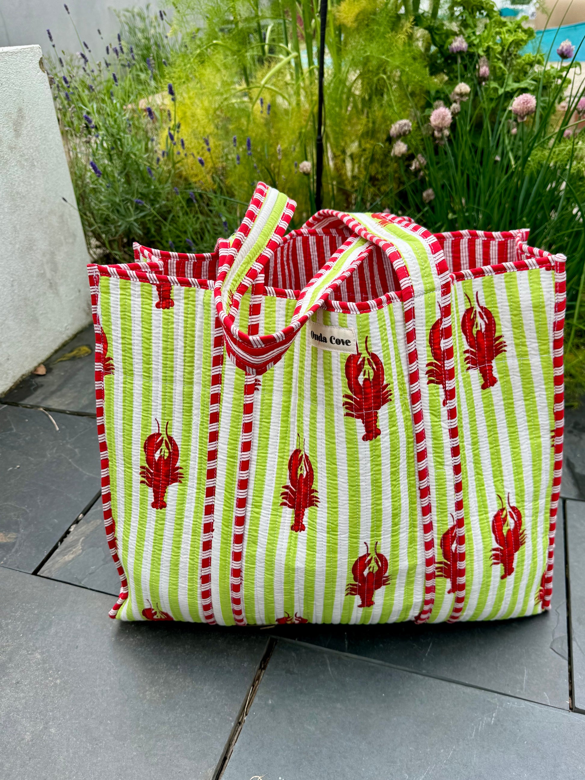 Block printed reversible quilted tote bags