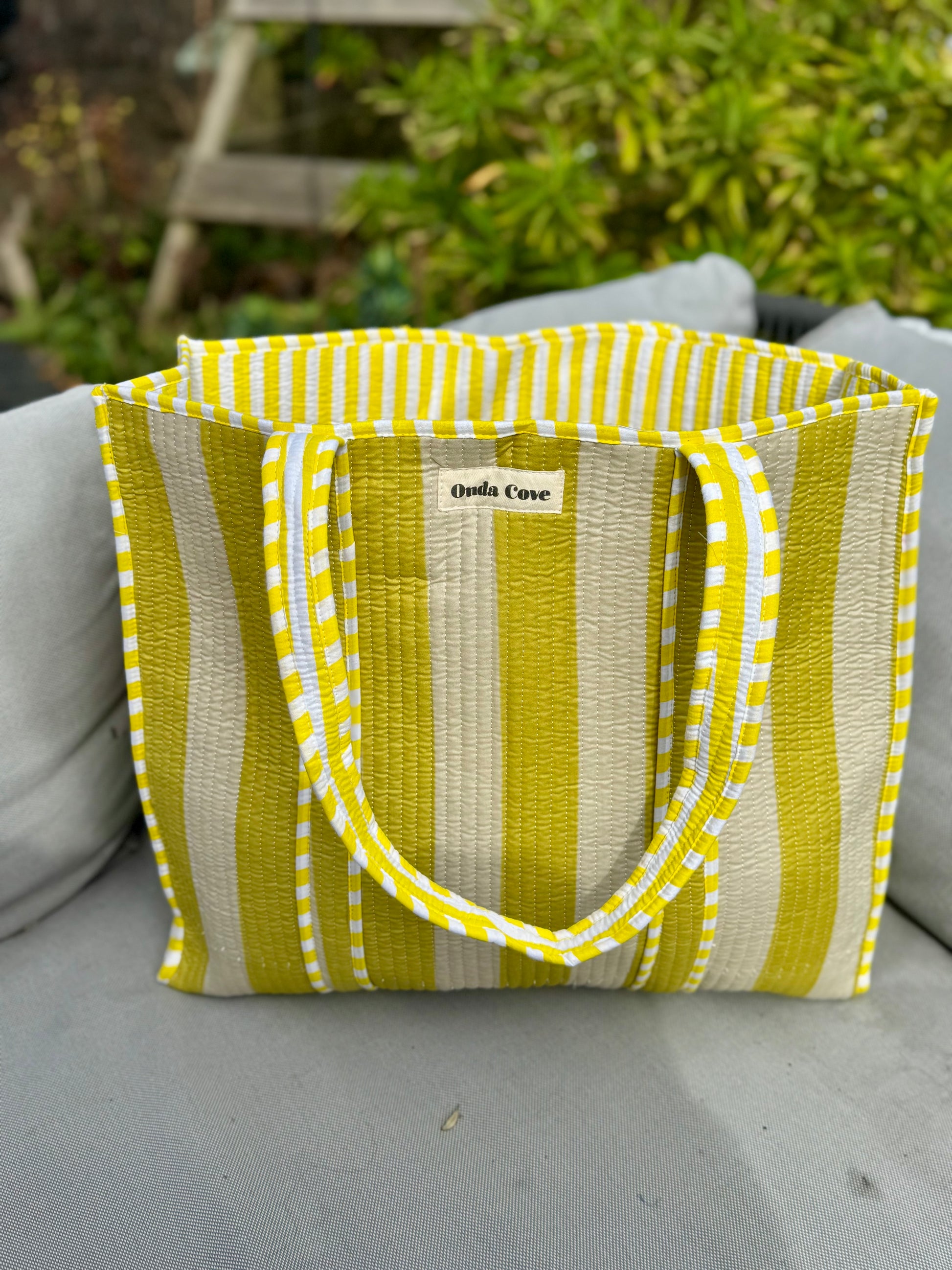 Block Printed Reversible Printed Tote - yellow stripe
