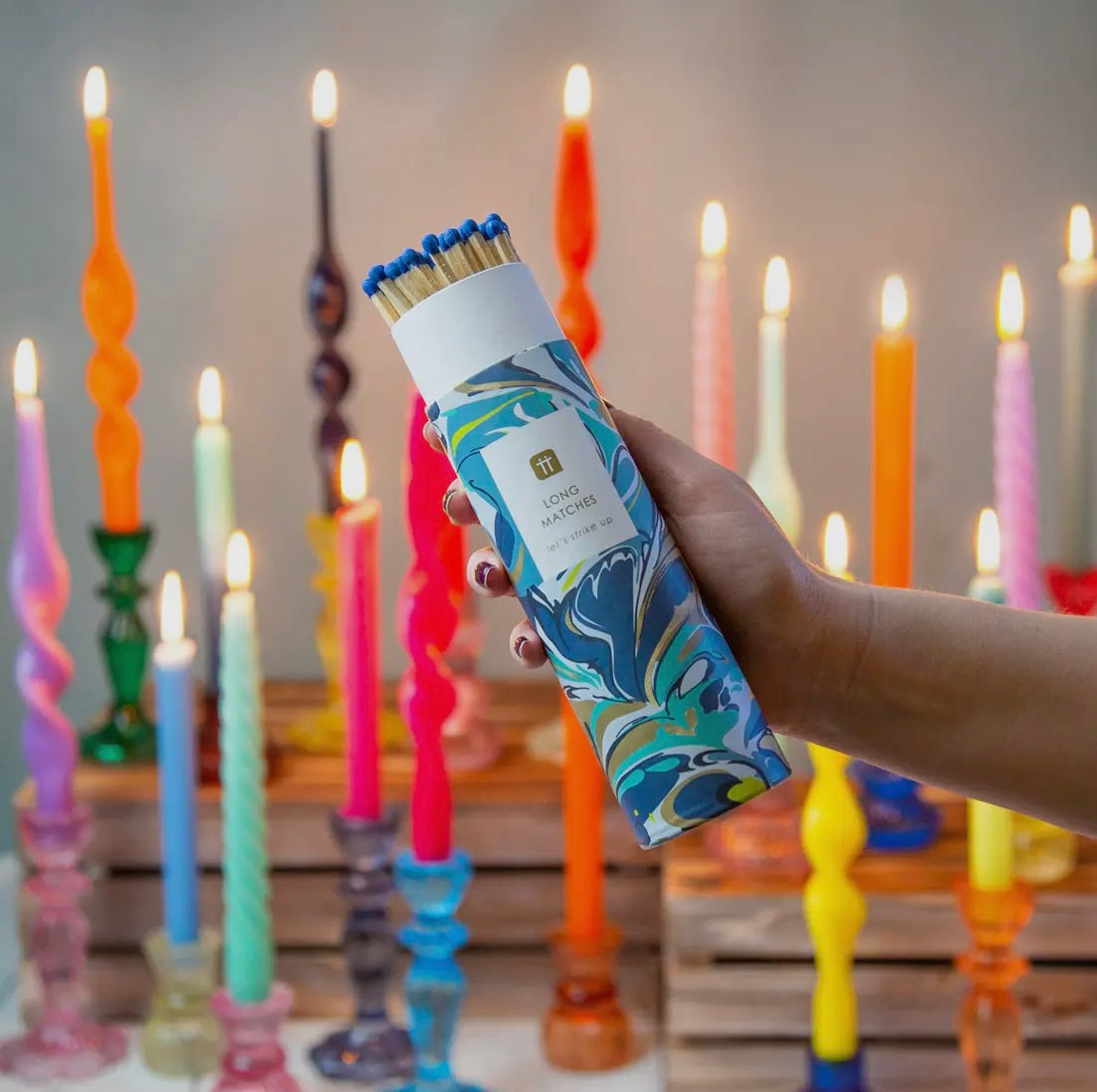 Luxury Long Matches in a Decorative Marble Effect Tube - pink or blue