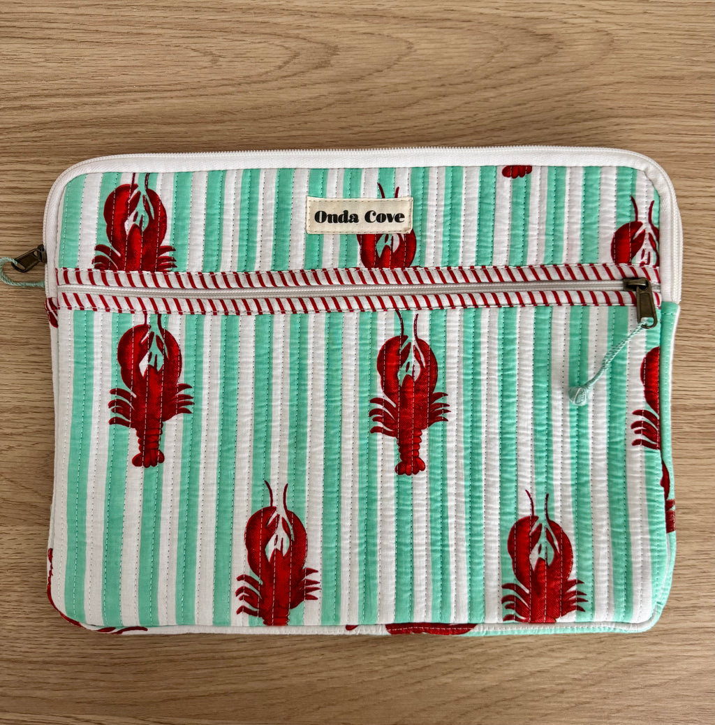 Block print quilted laptop case - turquoise lobster stripe