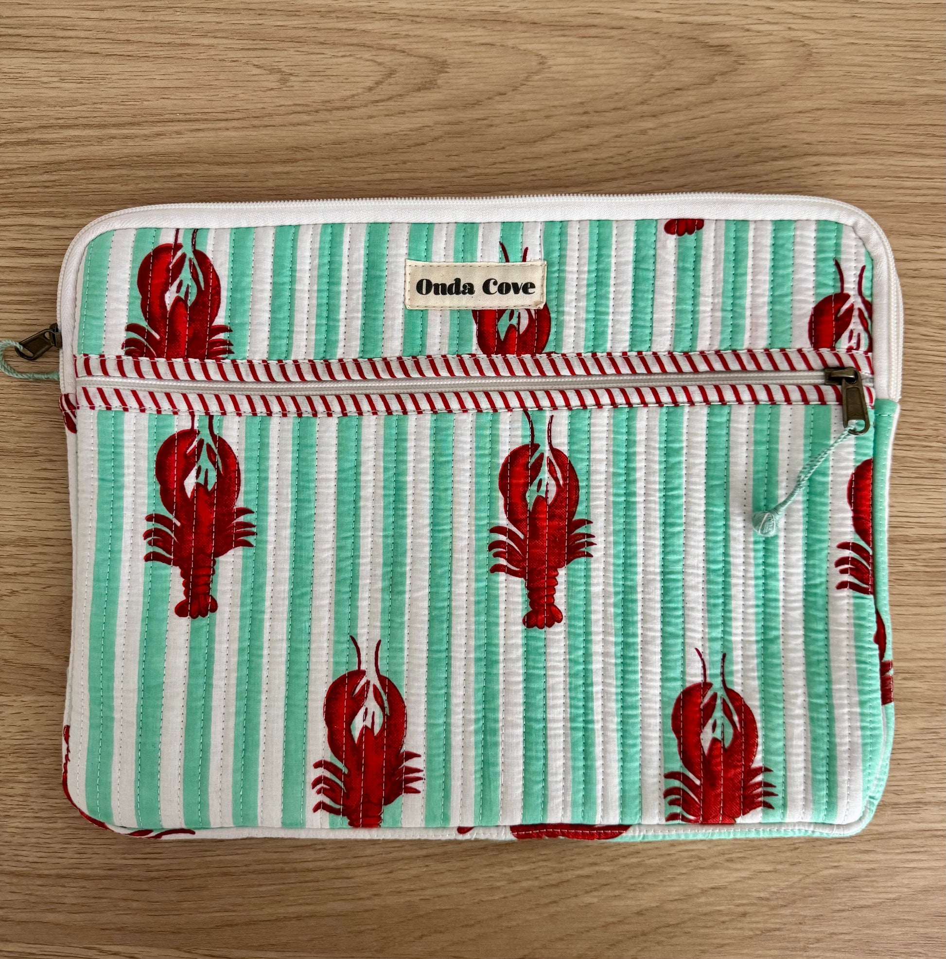 Block print quilted laptop case - turquoise lobster stripe