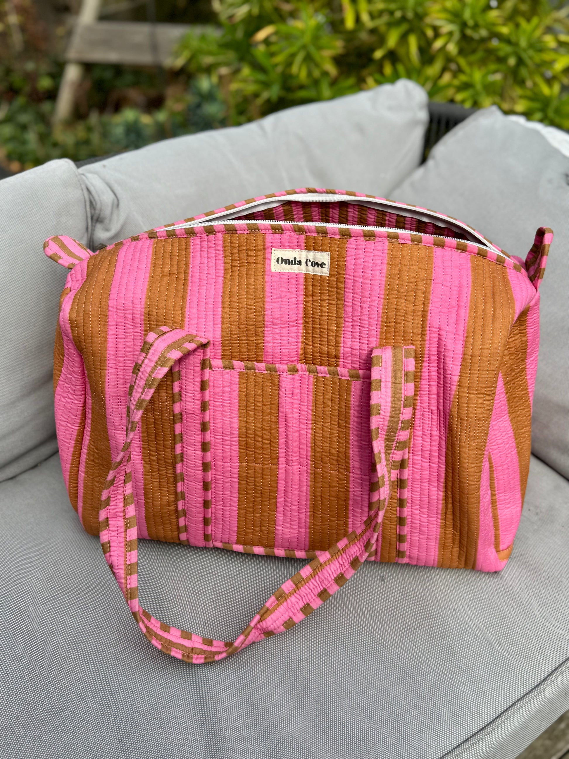 Weekend Duffle Bag - pink and brown stripe