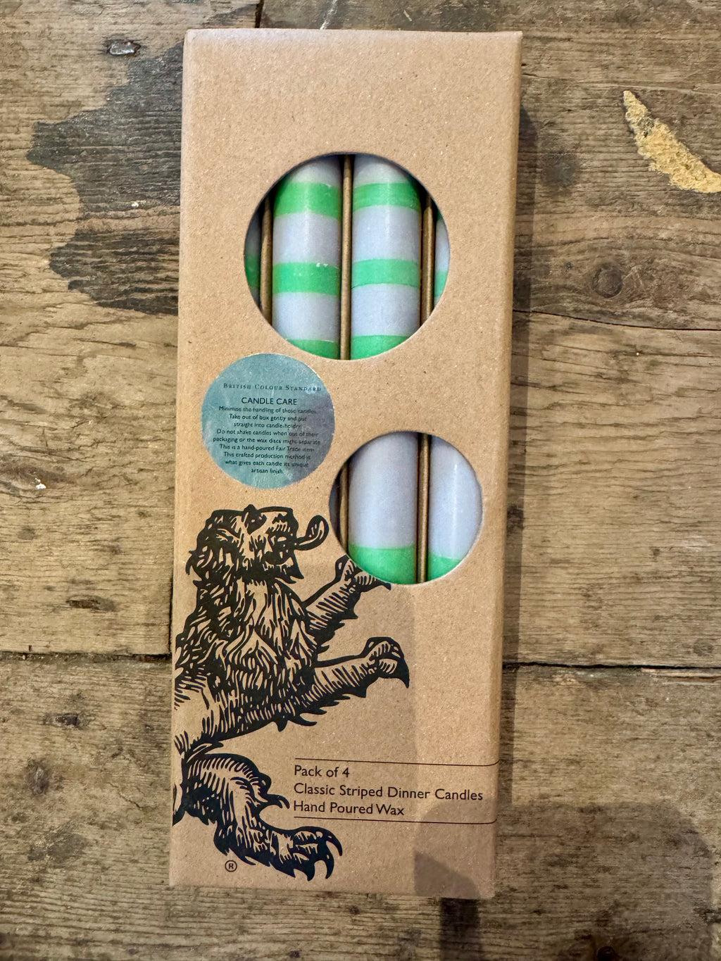 British Colour Standard Striped green dinner candles 4 pack