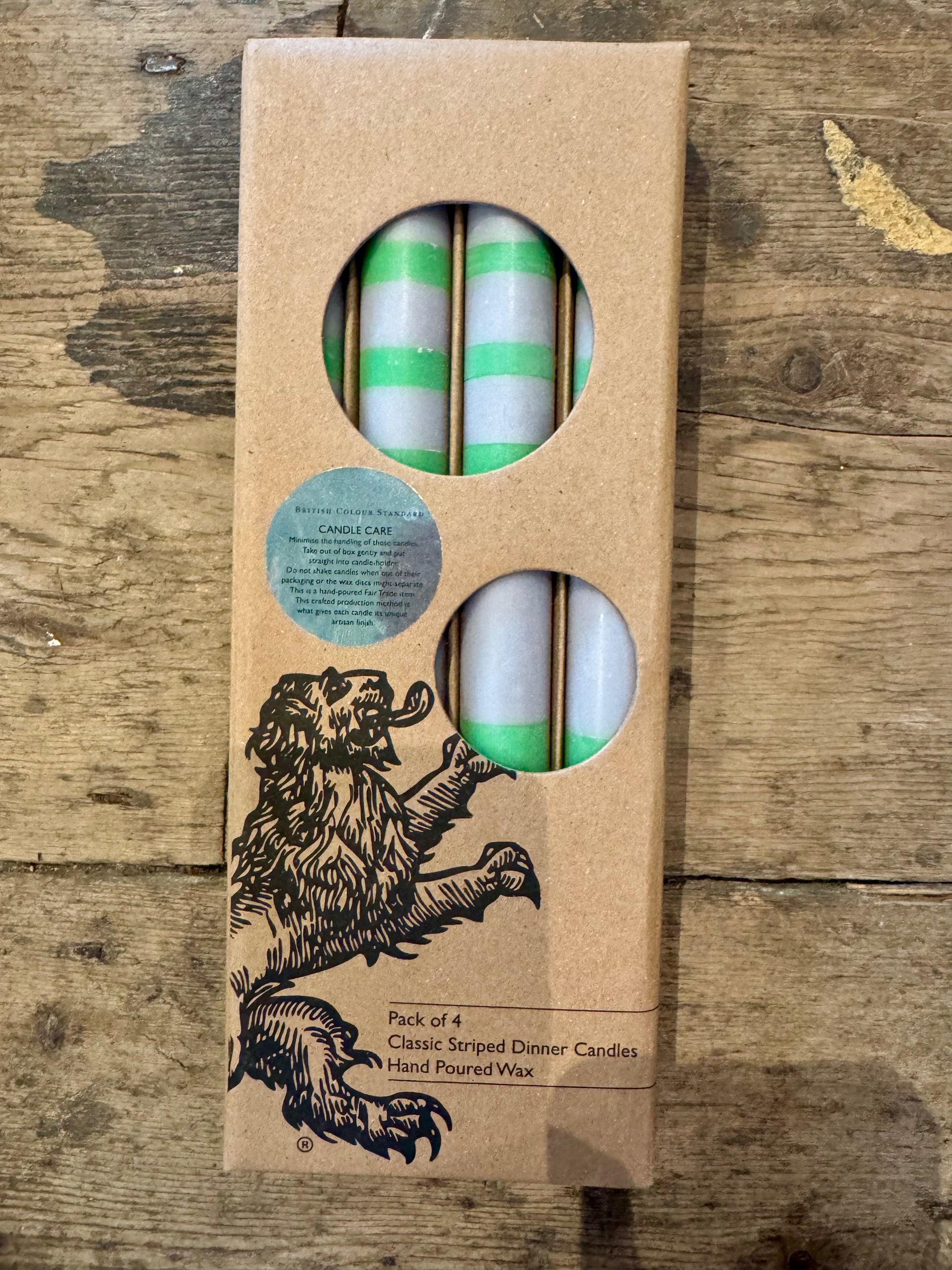 British Colour Standard Striped green dinner candles 4 pack