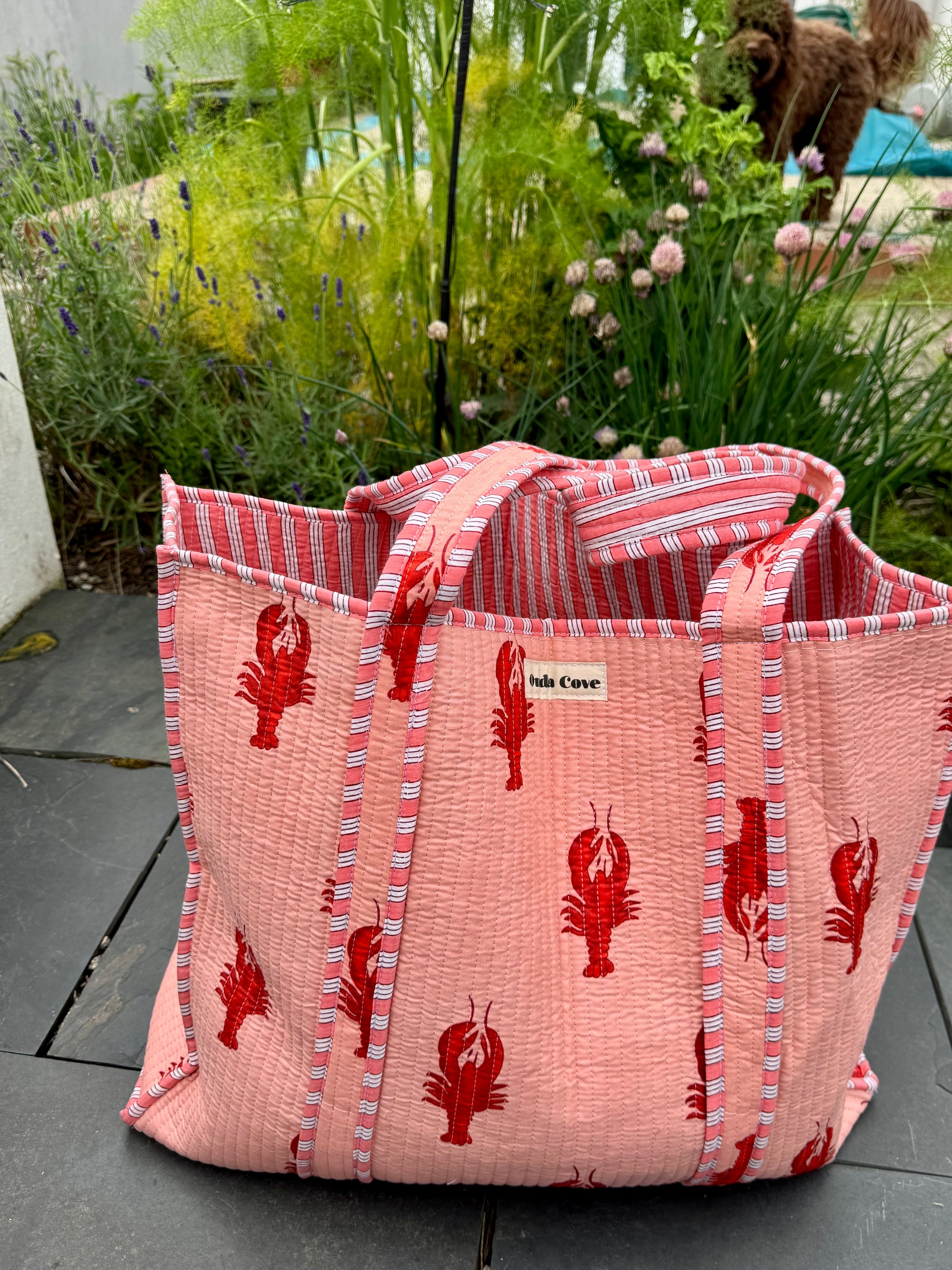 Block printed reversible quilted tote bag