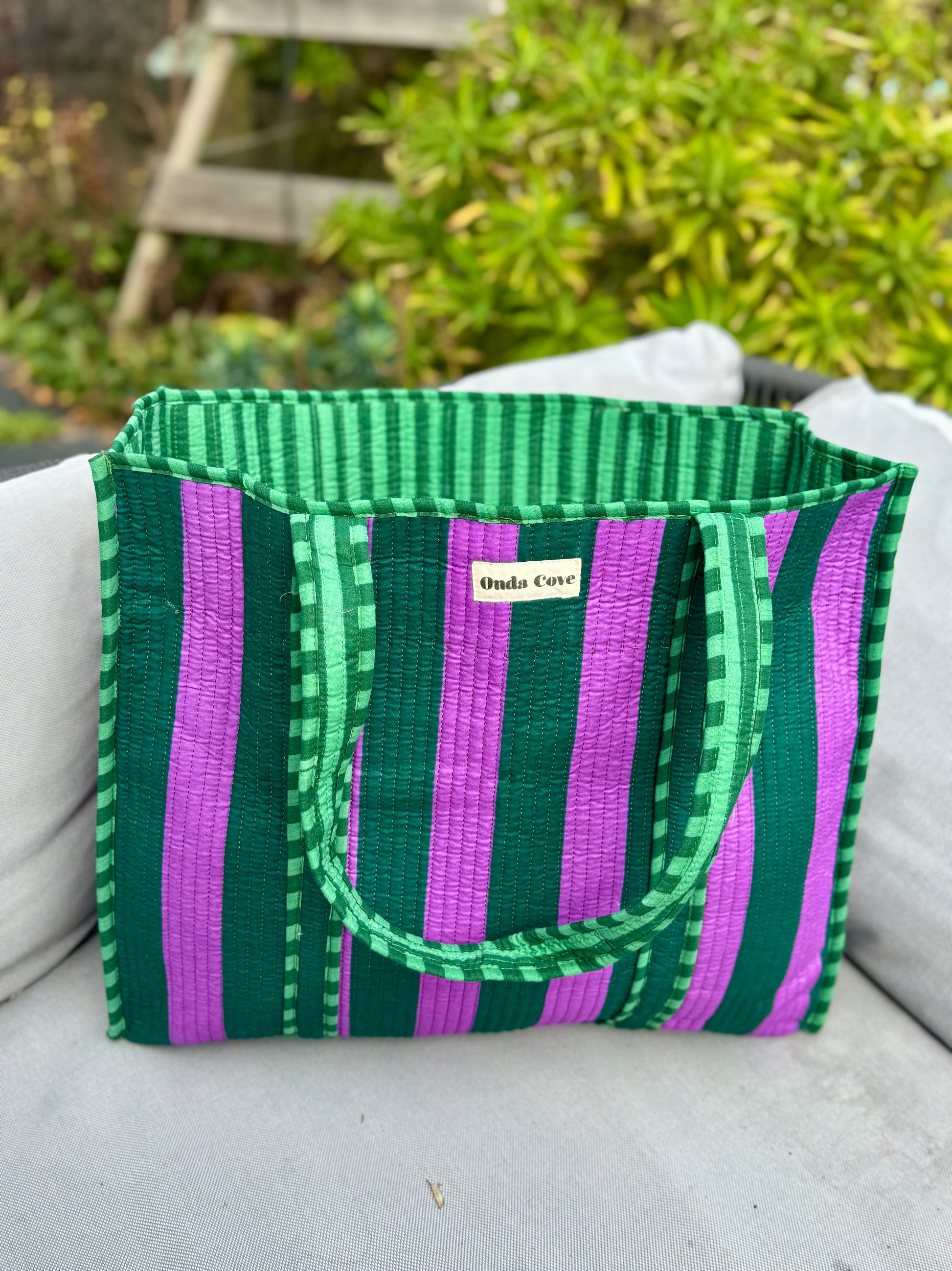 Reversible Quilted Tote Bag - purple and green Stripe