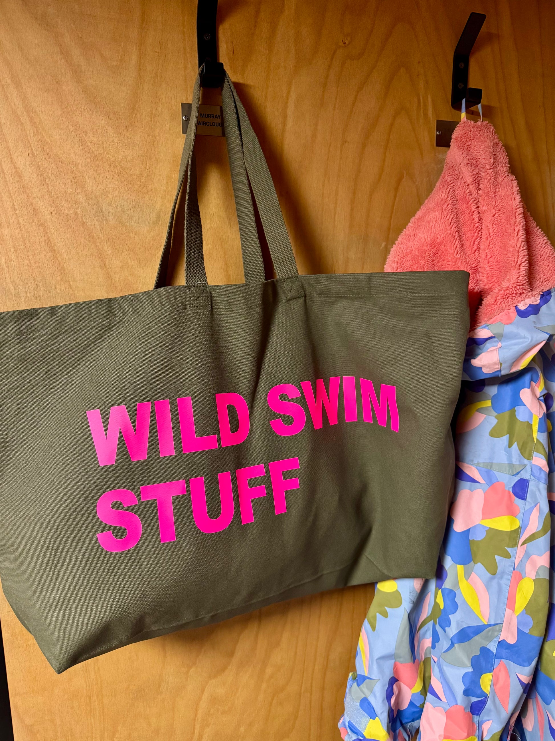 “Wild Swim Stuff” Green extra large canvas tote bag