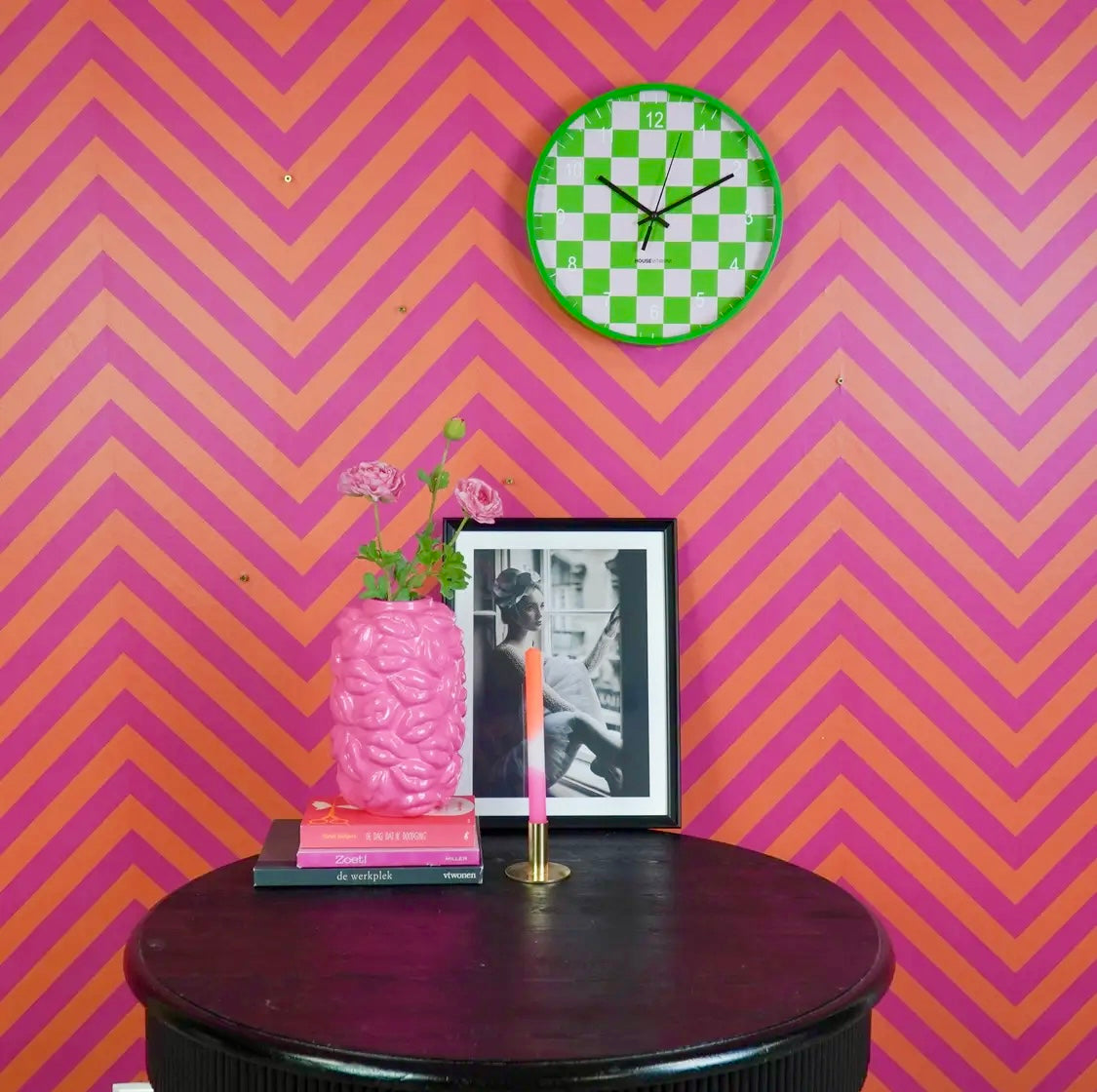 Block pattern wall clock - green and pink