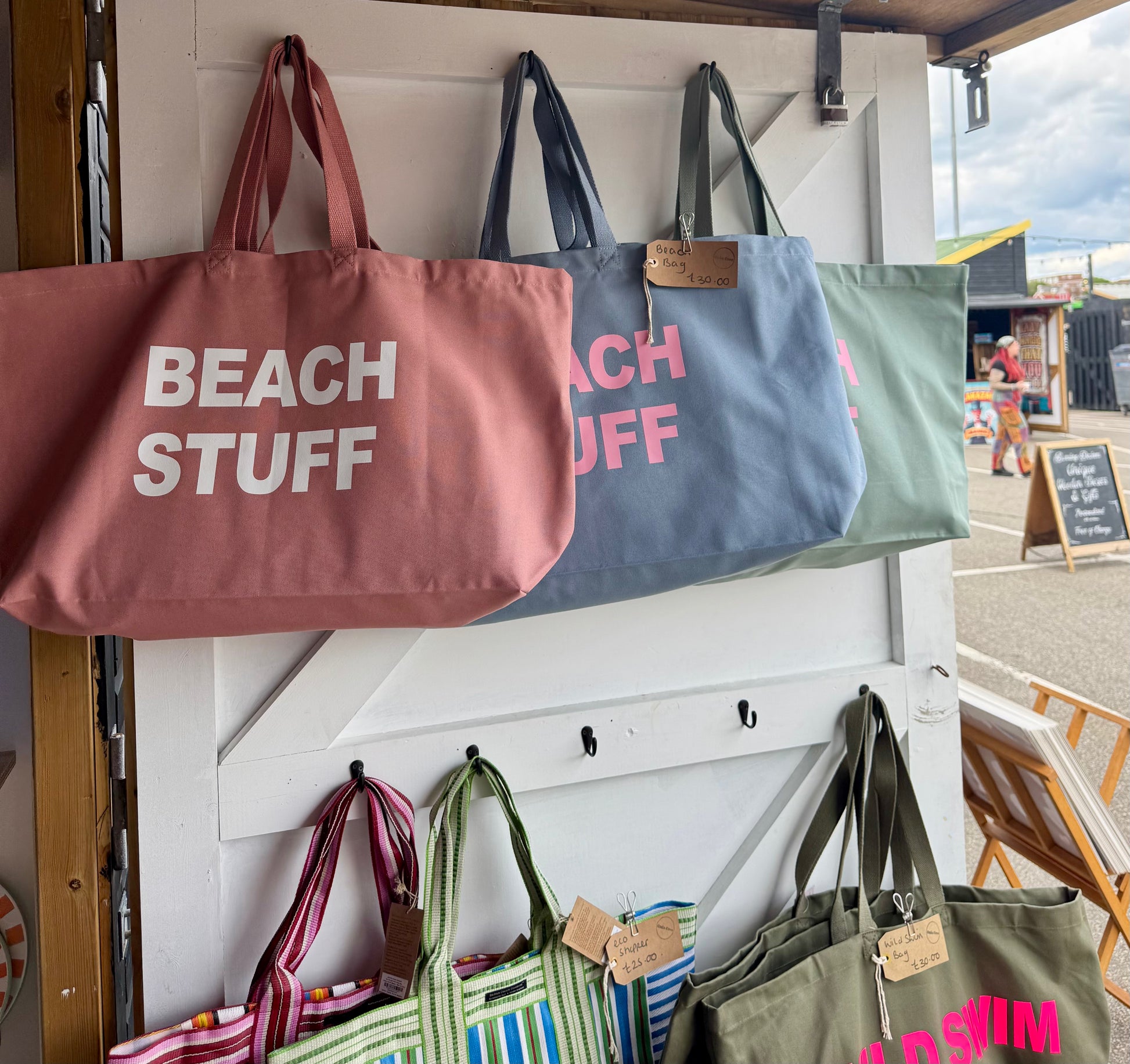 Oversized “beach stuff” bag - sage green and pink