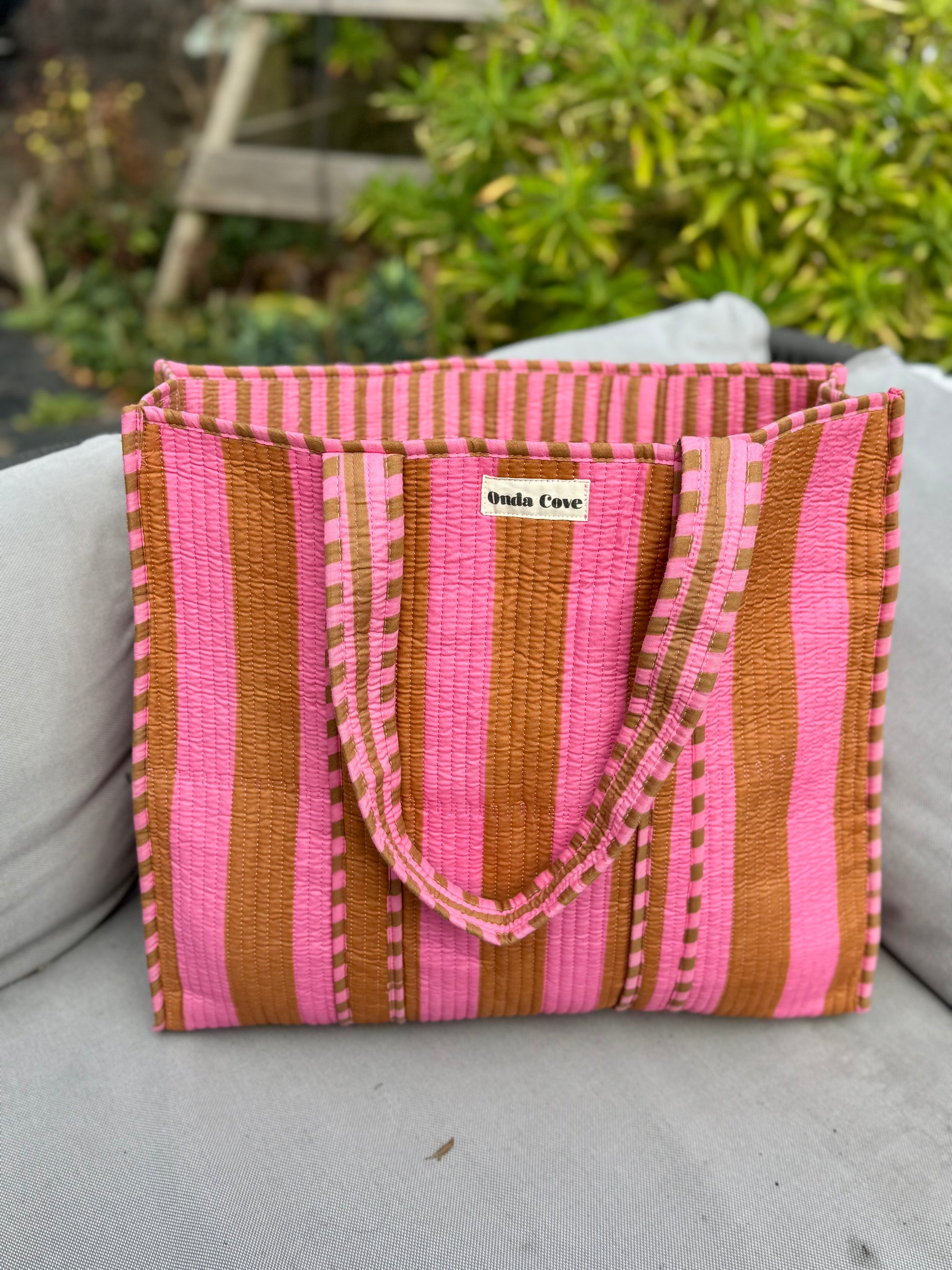 Reversible Quilted Tote Bag - pink and brown