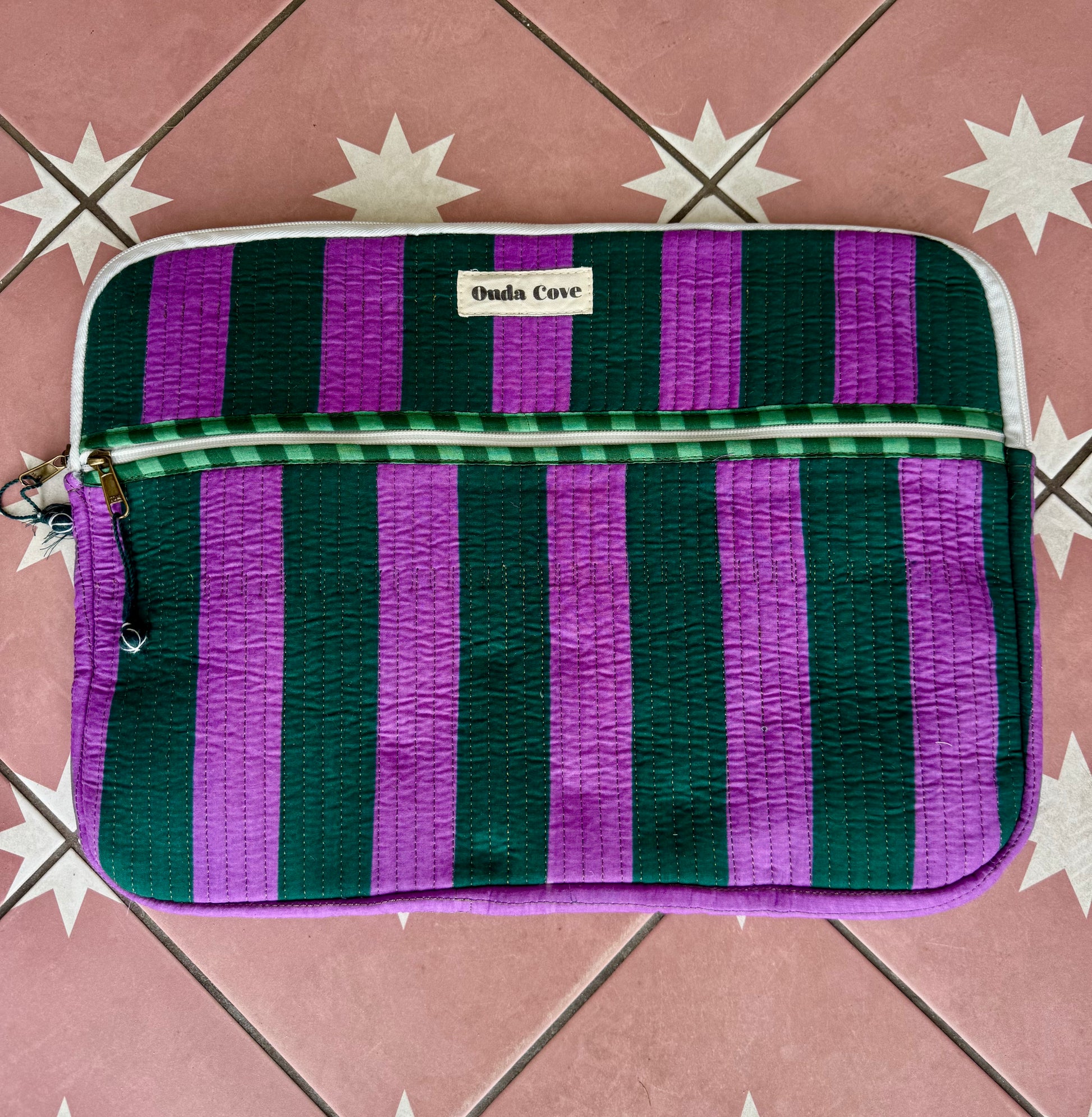 Quilted Laptop Sleeve - Purple and green stripe