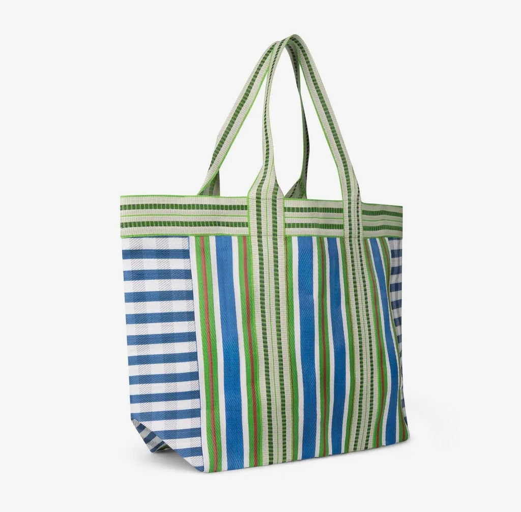 Eco woven shopper / beach bag in Medici Blue and Grass Green