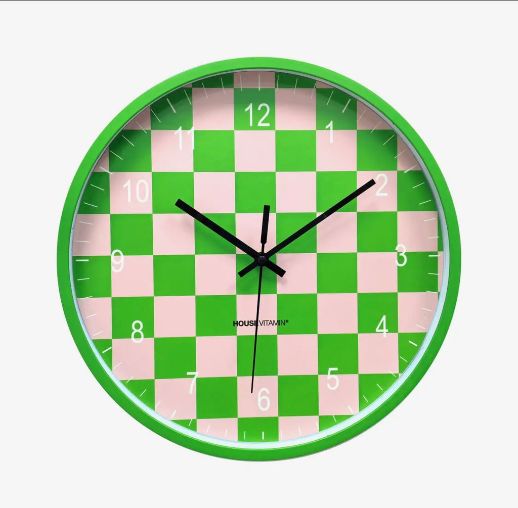 Block pattern wall clock - green and pink