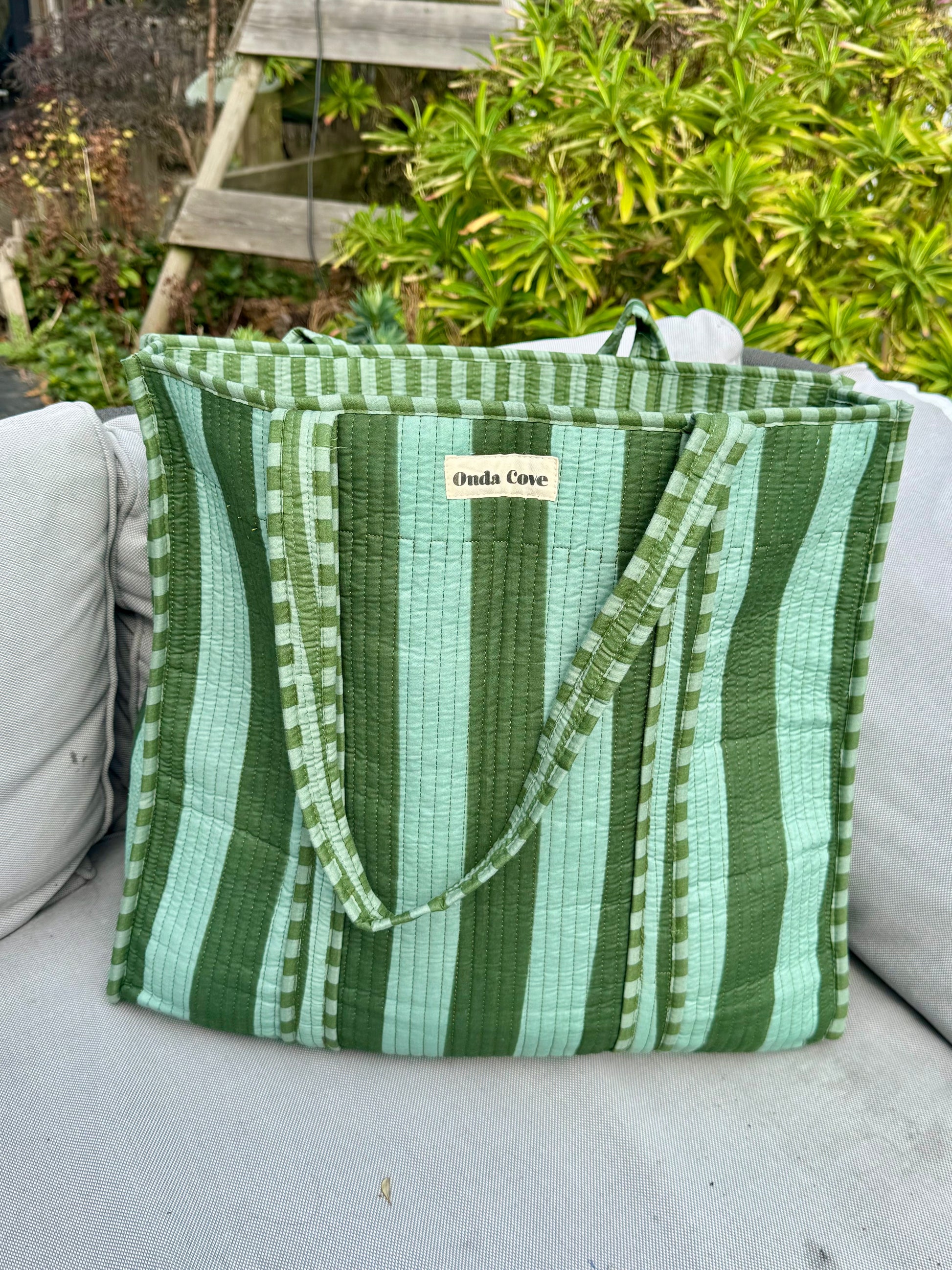 Block Printed Reversible Quilted Tote Bag - forest green