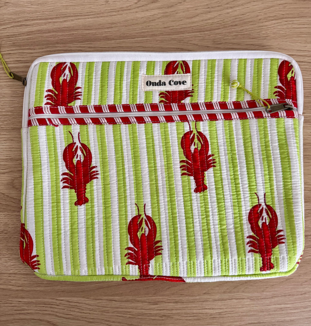 Block print quilted laptop case - lime green stripe lobster