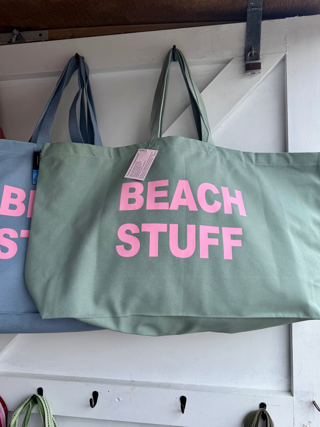 Oversized “beach stuff” bag - sage green and pink