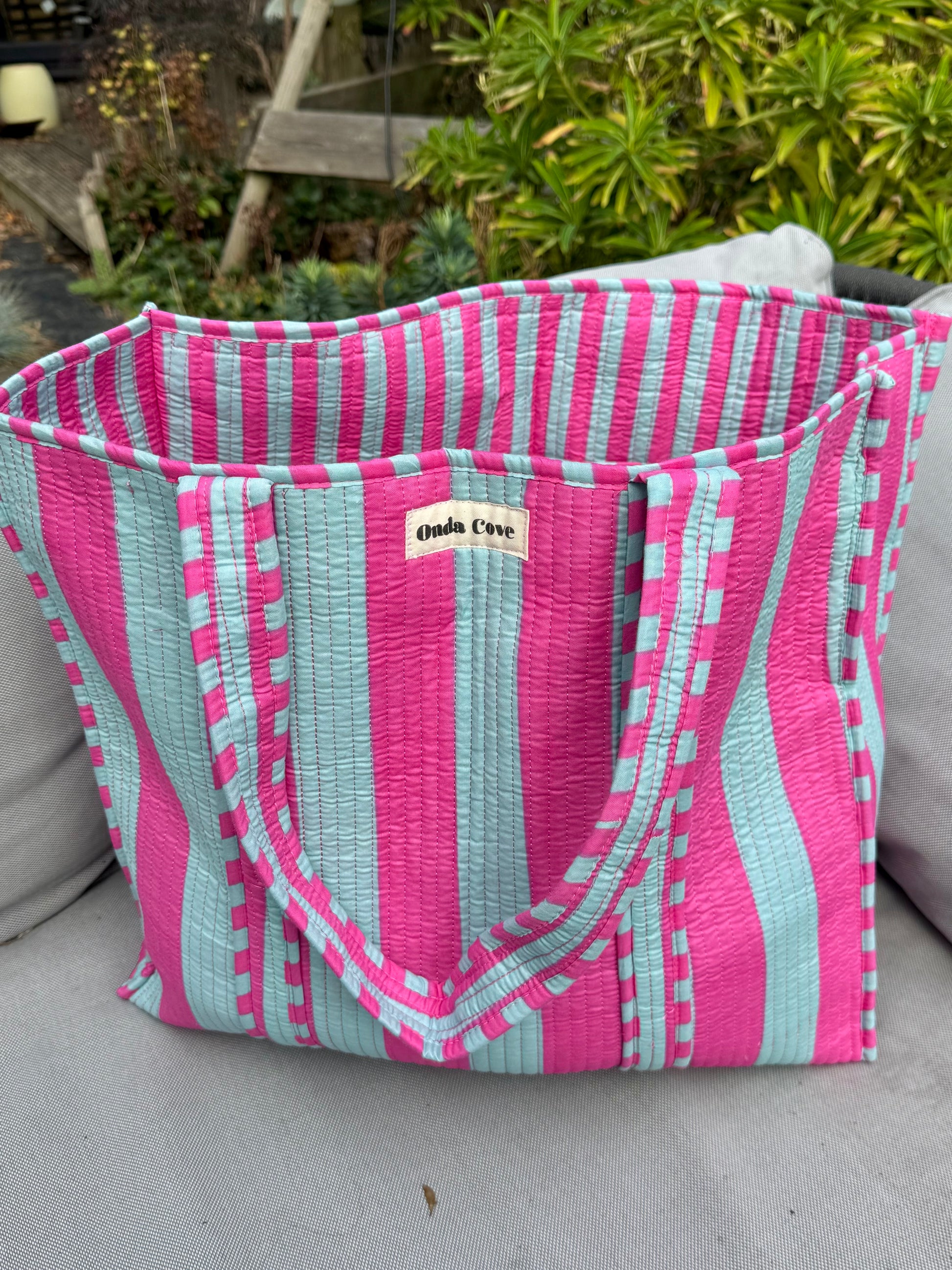 Reversible Quilted Tote Bag - pink and blue stripe
