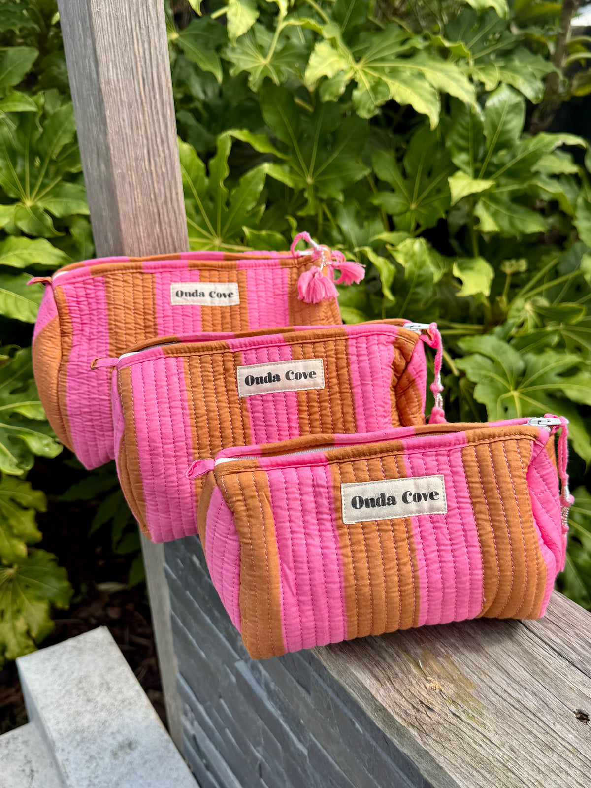 Cosmetic Pouches - pink and brown stripe (three sizes)