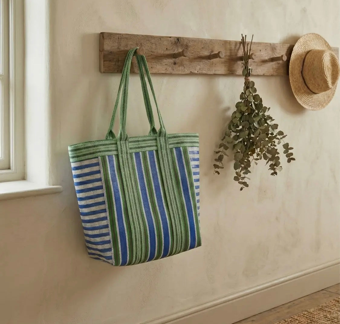 Eco woven shopper / beach bag in Medici Blue and Grass Green