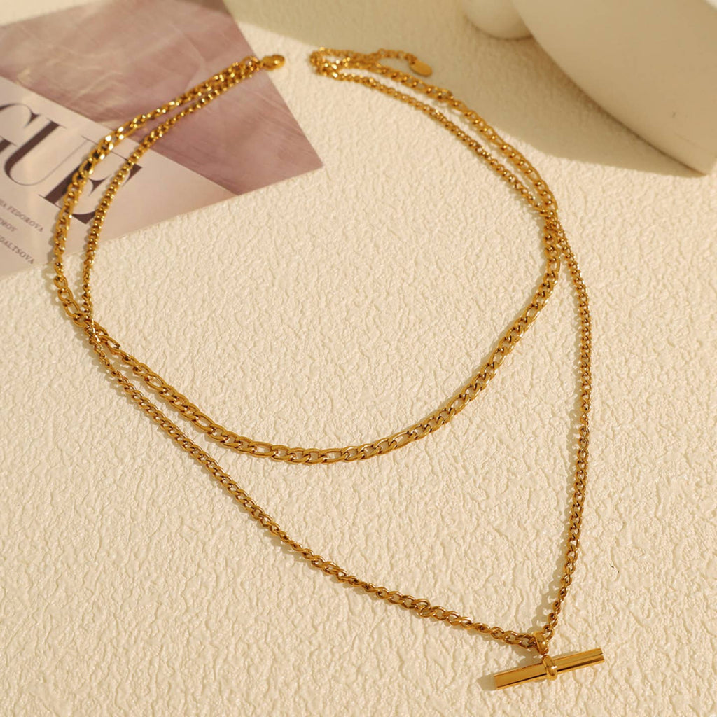 Twin Curb Chain T-Bar Necklace (gold)