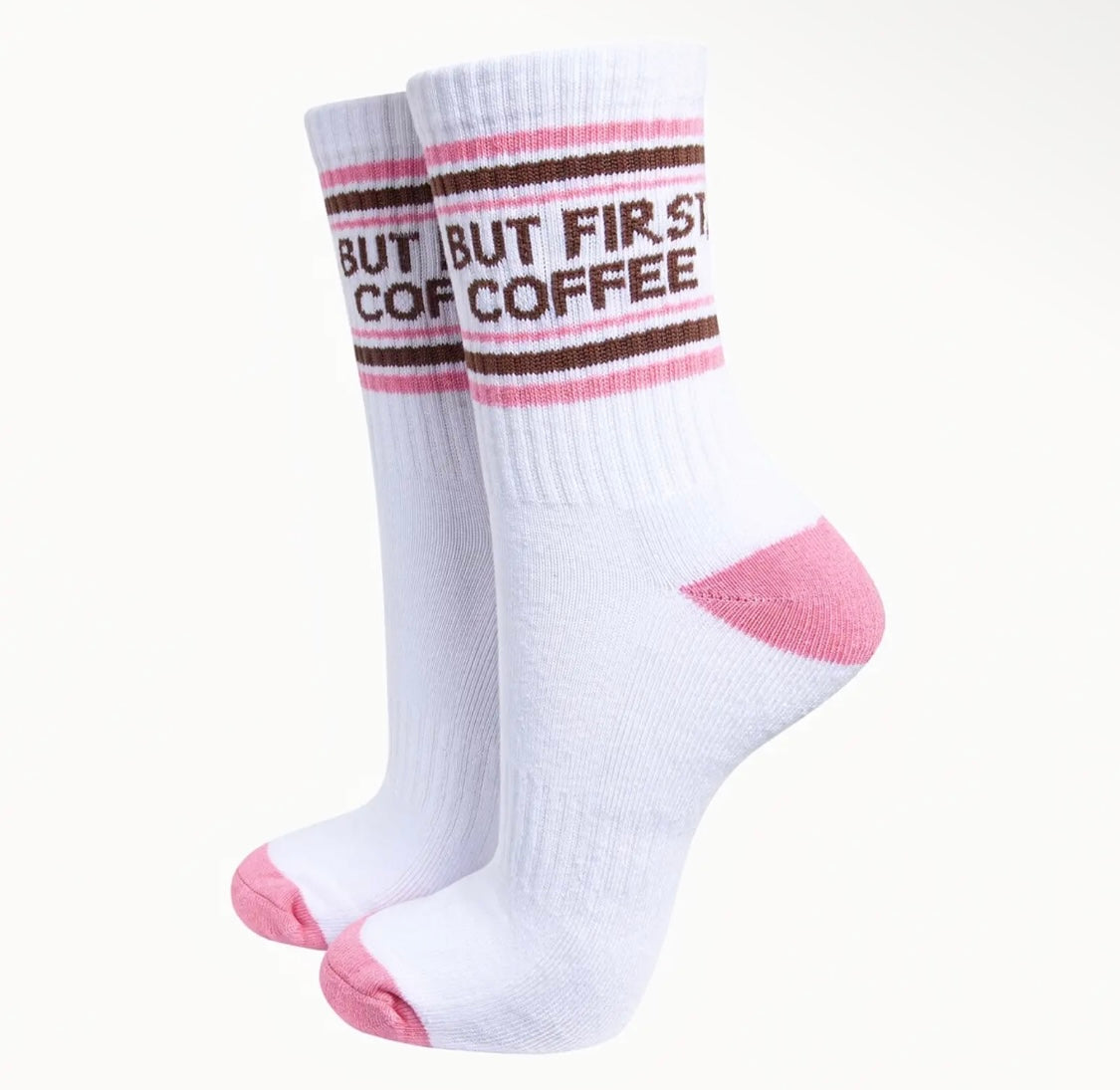 But First Coffee Organic Cotton Sports Socks in White / Pink