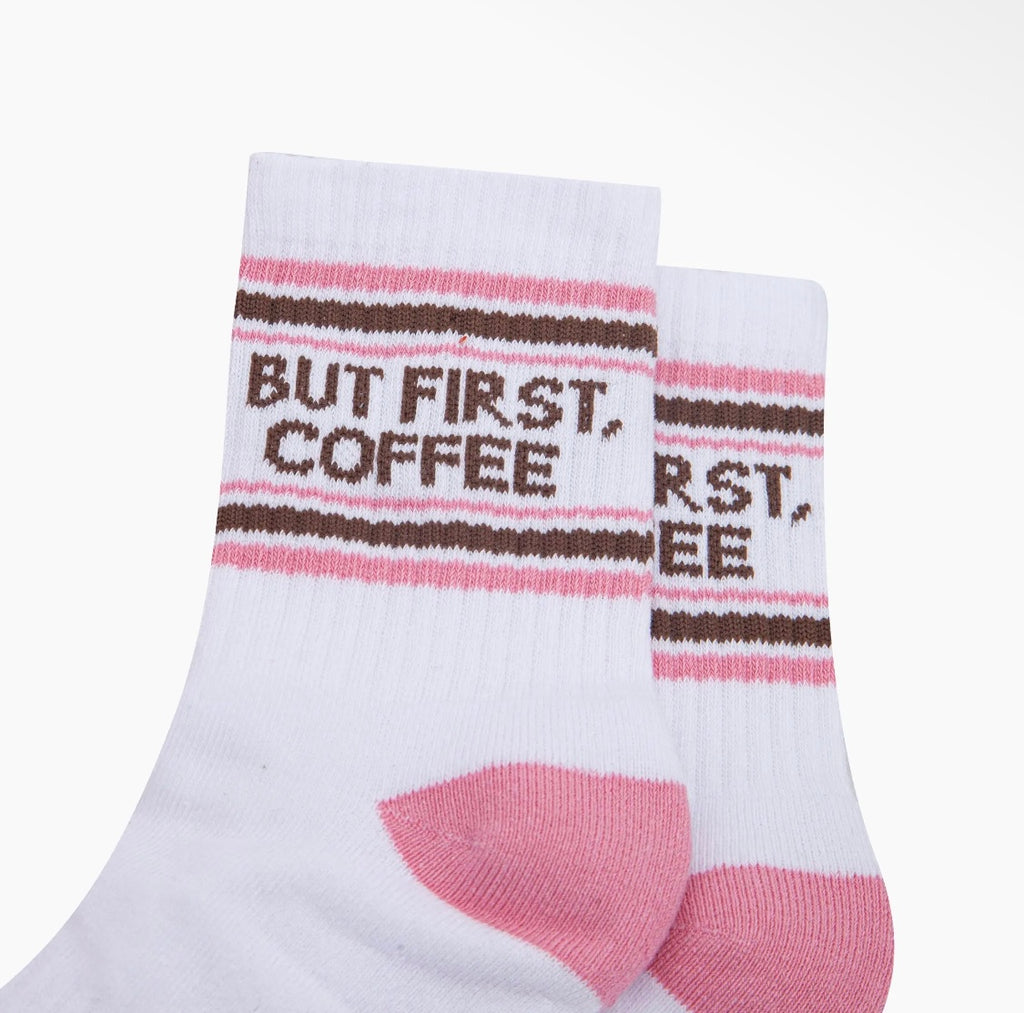 But First Coffee Organic Cotton Sports Socks in White / Pink