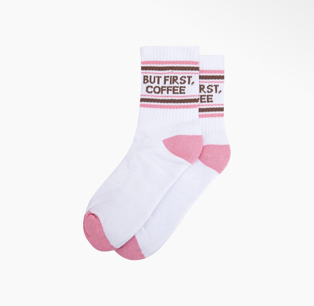 But First Coffee Organic Cotton Sports Socks in White / Pink