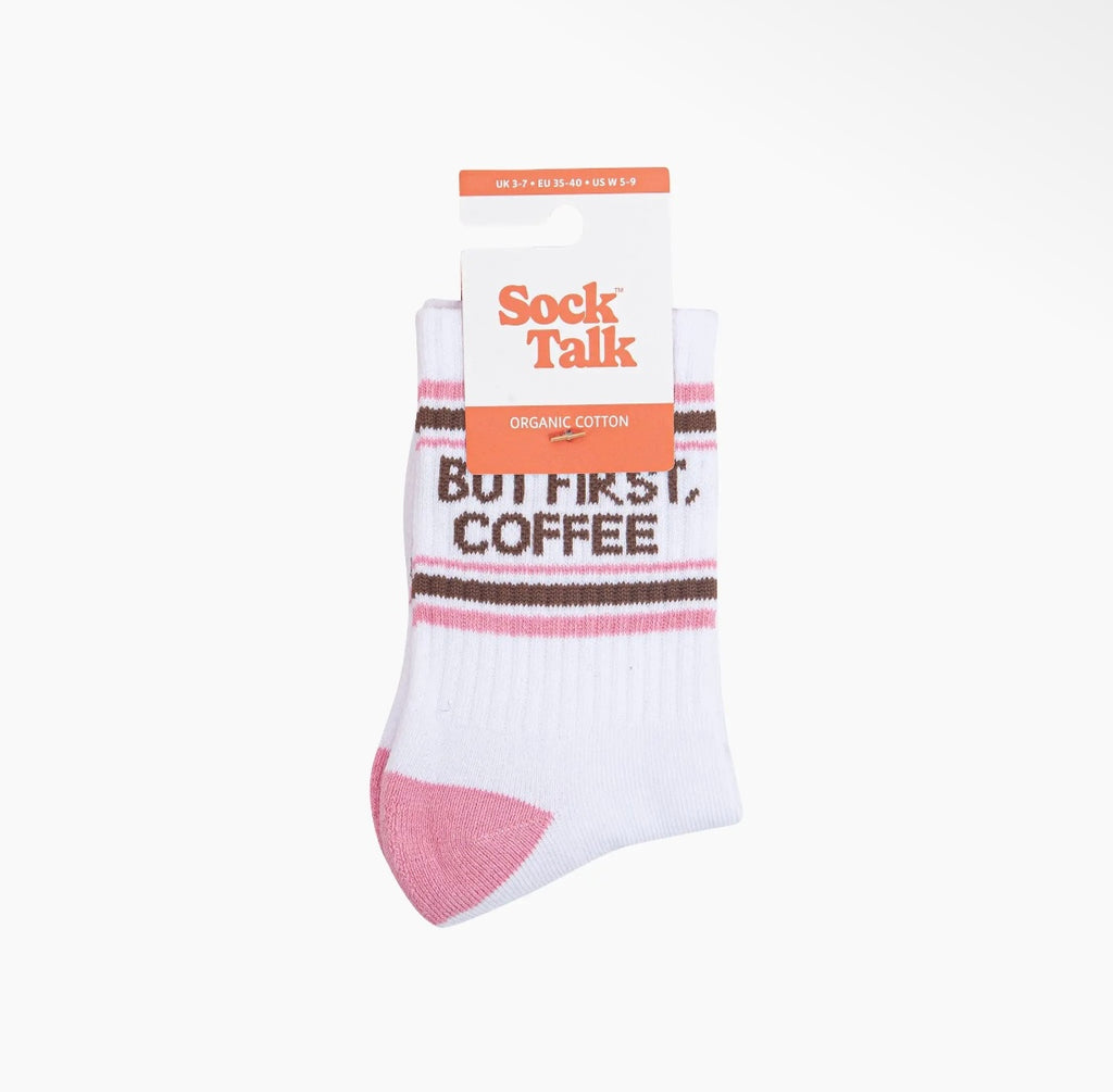 But First Coffee Organic Cotton Sports Socks in White / Pink
