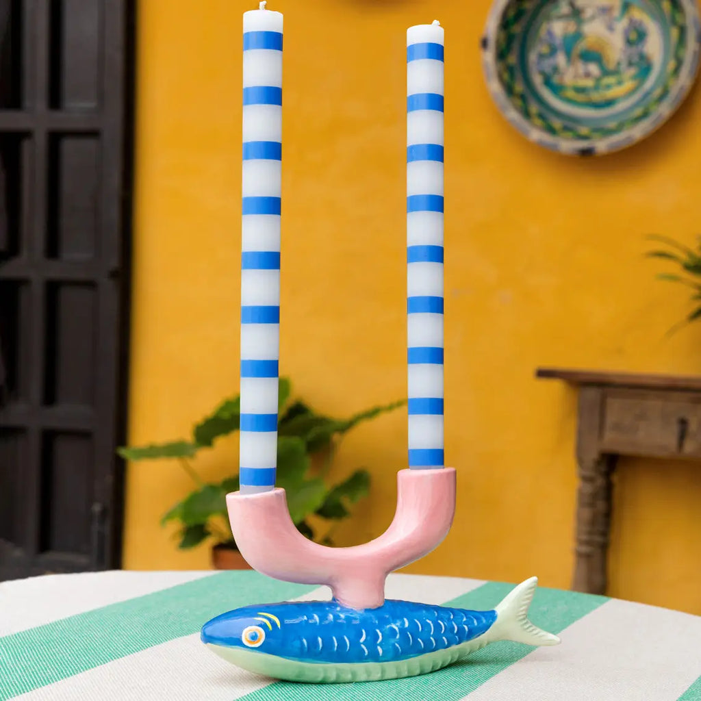 Blue and White Stripe Dinner Candles